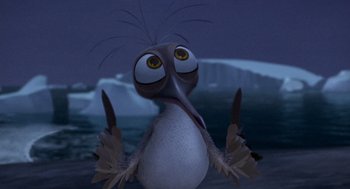 Movie still from “Surf's Up” (2007), directed by Chris Buck – An animated bird is looking up at the sky; Close Up shot, High angle