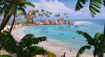 Movie still from “Surf's Up” (2007), directed by Chris Buck – A painting of a tropical beach with palm trees; Extreme Wide shot, High angle