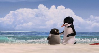 Movie still from “Surf's Up” (2007), directed by Chris Buck – Two penguins on the beach near the water; Medium shot, Low angle