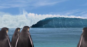 Movie still from “Surf's Up” (2007), directed by Chris Buck – A penguin standing in front of a large wave in the ocean; Wide shot, Low angle