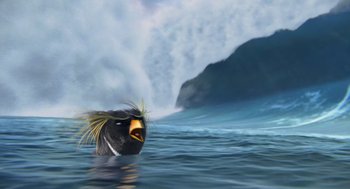 Movie still from “Surf's Up” (2007), directed by Chris Buck – A bird is swimming in the water near a wave; Close Up shot, Low angle