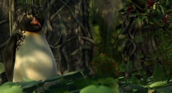 Movie still from “Surf's Up” (2007), directed by Chris Buck – A woman standing next to a tree in a forest; Close Up shot, Over the shoulder angle