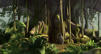 Movie still from “Surf's Up” (2007), directed by Chris Buck – An animal is sitting in the middle of a forest; Extreme Wide shot, High angle