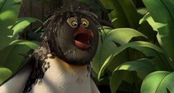 Movie still from “Surf's Up” (2007), directed by Chris Buck – A black and white bird with an open mouth; Close Up shot, High angle