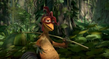 Movie still from “Surf's Up” (2007), directed by Chris Buck – A cartoon of a bird in the middle of a forest; Medium shot, High angle