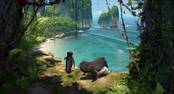 Movie still from “Surf's Up” (2007), directed by Chris Buck – An animated scene of two penguins on a cliff by the water; Extreme Wide shot, High angle