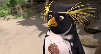 Movie still from “Surf's Up” (2007), directed by Chris Buck – A black and white bird with a yellow beak; Close Up shot, High angle