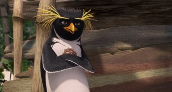 Movie still from “Surf's Up” (2007), directed by Chris Buck – A penguin wearing a baseball cap and a baseball uniform; Close Up shot, High angle