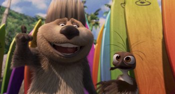 Movie still from “Surf's Up” (2007), directed by Chris Buck – A couple of animals that are next to surfboards; Close Up shot, Low angle
