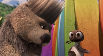 Movie still from “Surf's Up” (2007), directed by Chris Buck – A squirrel and an ant in a scene from the movie ice age : collision course; Close Up shot, Over the shoulder angle