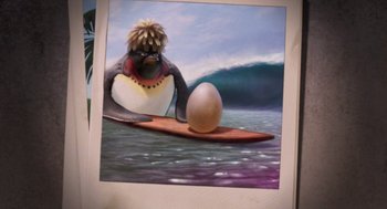 Movie still from “Surf's Up” (2007), directed by Chris Buck – A painting of a penguin on a surfboard with an egg on a surfboard in the background; Extreme Close Up shot, High angle