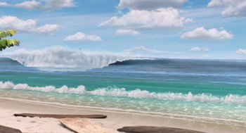 Movie still from “Surf's Up” (2007), directed by Chris Buck – Two surfboards sitting on top of a sandy beach next to the ocean; Extreme Wide shot, Low angle