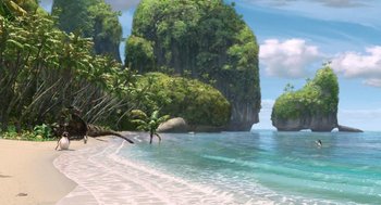 Movie still from “Surf's Up” (2007), directed by Chris Buck – A painting of a tropical beach with a bunch of trees in the background; Extreme Wide shot, High angle