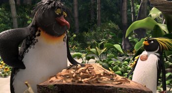 Movie still from “Surf's Up” (2007), directed by Chris Buck – An animated bird on a log in the woods; Close Up shot, High angle