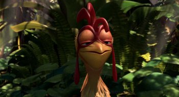 Movie still from “Surf's Up” (2007), directed by Chris Buck – A cartoon of a chicken with red feathers on it's head; Close Up shot, High angle