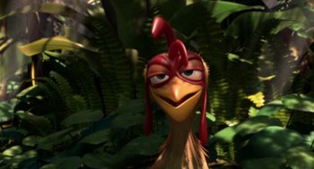Movie still from “Surf's Up” (2007), directed by Chris Buck – A bird with a red beak and a red head; Close Up shot, High angle