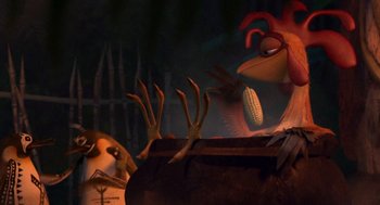 Movie still from “Surf's Up” (2007), directed by Chris Buck – A rooster and a dog in a dark room; Medium shot, Low angle