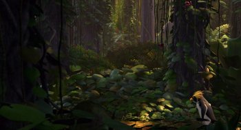 Movie still from “Surf's Up” (2007), directed by Chris Buck – A forest with a lot of green plants and trees; Extreme Wide shot, High angle