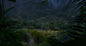 Movie still from “Surf's Up” (2007), directed by Chris Buck – A painting of two people standing in the middle of the jungle; Extreme Wide shot, High angle