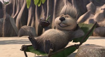 Movie still from “Surf's Up” (2007), directed by Chris Buck – A monkey is sitting in a hammock holding a drink; Medium shot, High angle