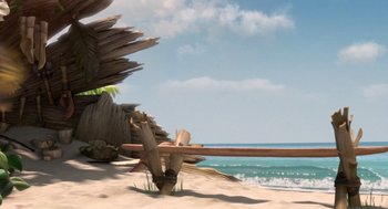 Movie still from “Surf's Up” (2007), directed by Chris Buck – An image of an ocean beach with a tree in the background; Wide shot, Low angle