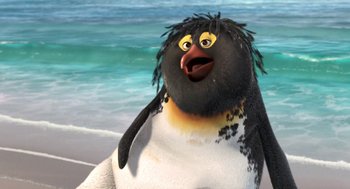 Movie still from “Surf's Up” (2007), directed by Chris Buck – A penguin with a black and white body; Close Up shot, Low angle