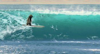 Movie still from “Surf's Up” (2007), directed by Chris Buck – A dog riding a surfboard on top of a wave in the ocean; Wide shot, Low angle