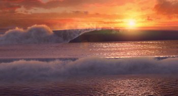 Movie still from “Surf's Up” (2007), directed by Chris Buck – The sun is setting over the ocean with waves crashing in; Extreme Wide shot, Low angle