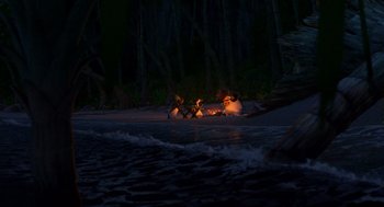 Movie still from “Surf's Up” (2007), directed by Chris Buck – A group of people sitting around a fire on the beach at night; Extreme Wide shot, High angle