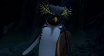 Movie still from “Surf's Up” (2007), directed by Chris Buck – A bird with a feather in it's head; Close Up shot, Low angle