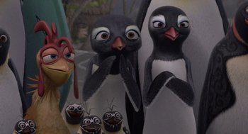 Movie still from “Surf's Up” (2007), directed by Chris Buck – A group of stuffed penguins and a turkey bird; Close Up shot, High angle