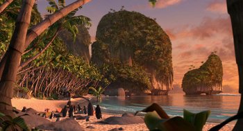 Movie still from “Surf's Up” (2007), directed by Chris Buck – A group of people standing on top of a sandy beach; Extreme Wide shot, High angle