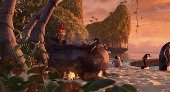 Movie still from “Surf's Up” (2007), directed by Chris Buck – An animated scene of a pot of soup with a bird on it; Wide shot, High angle