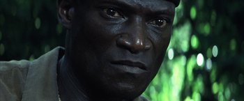 Movie still from “Tears of the Sun” (2003), directed by Antoine Fuqua – A man's face in front of trees; Close Up shot, Low angle