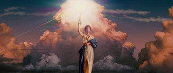 A painting of a woman holding up a sword in front of clouds