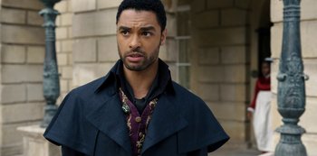 Movie still from “Bridgerton” (2020), created by Chris Van Dusen – A person wearing a jacket; Close Up shot, Over the shoulder angle