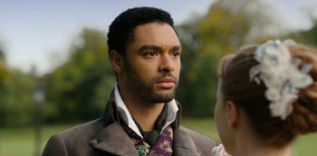 Movie still from “Bridgerton” (2020), created by Chris Van Dusen – Close Up shot, Over the shoulder angle