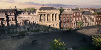 Movie still from “Bridgerton” (2020), created by Chris Van Dusen – An aerial view of a horse drawn carriage in front of a large building; Extreme Wide shot, High angle