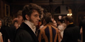 Movie still from “Bridgerton” (2020), created by Chris Van Dusen – A group of people standing in a room; Close Up shot, Over the shoulder angle