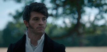 Movie still from “Bridgerton” (2020), created by Chris Van Dusen – A person wearing a suit; Close Up shot, Over the shoulder angle