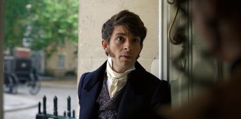 Movie still from “Bridgerton” (2020), created by Chris Van Dusen – A man wearing a suit and a white shirt; Close Up shot, Over the shoulder angle