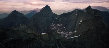 Movie still from “The Dark Crystal: Age of Resistance” (2019), created by Jim Henson – A view of a mountain village from a high point; Extreme Wide shot, High angle