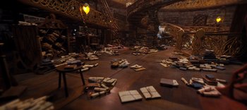 Movie still from “The Dark Crystal: Age of Resistance” (2019), created by Jim Henson – A room filled with lots of books on top of a wooden floor; Extreme Wide shot, High angle