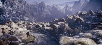 Movie still from “The Dark Crystal: Age of Resistance” (2019), created by Jim Henson – An image of a mountain scene with a lot of rocks; Extreme Wide shot, High angle