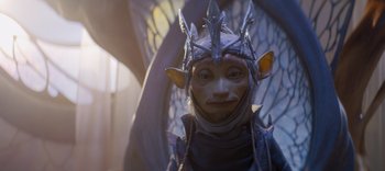 Movie still from “The Dark Crystal: Age of Resistance” (2019), created by Jim Henson – A statue of a person wearing a crown; Close Up shot, High angle