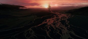 Movie still from “The Dark Crystal: Age of Resistance” (2019), created by Jim Henson – The sun is setting over a large body of water; Extreme Wide shot, Overhead angle