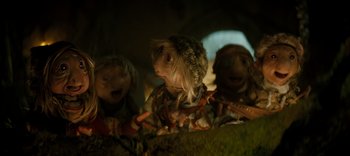 Movie still from “The Dark Crystal: Age of Resistance” (2019), created by Jim Henson – Three stuffed animals in a room; Close Up shot, Low angle
