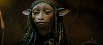 Movie still from “The Dark Crystal: Age of Resistance” (2019), created by Jim Henson – The face of a person with green dreadlocks; Close Up shot, High angle
