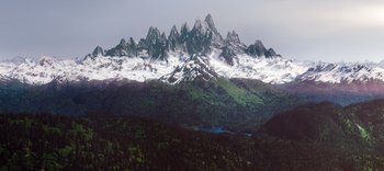 Movie still from “The Dark Crystal: Age of Resistance” (2019), created by Jim Henson – A view of a mountain range with snow on it; Extreme Wide shot, High angle