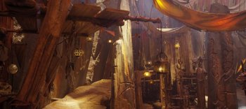 Movie still from “The Dark Crystal: Age of Resistance” (2019), created by Jim Henson – A bunch of lights hanging in a room; Extreme Wide shot, High angle